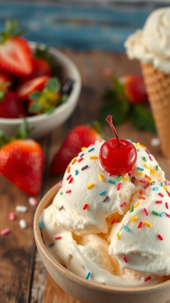 A bowl of vanilla ice cream with sprinkles and a cherry, surrounded by strawberries and a cone.